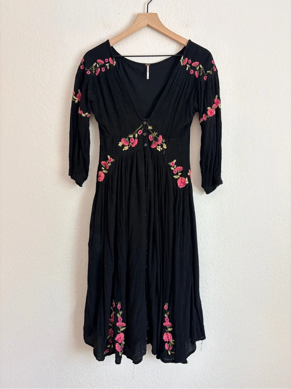 Free People Day Flow Black Floral Embroidered Midi Dress